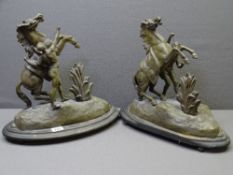 SPELTER MARLI HORSES - a pair, on plinths
