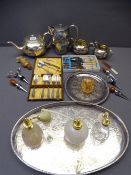 EPNS GALLERIED TRAY, tea service, glass scent bottles ETC