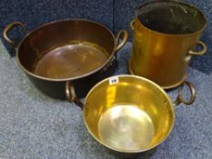 COPPER PAN - twin handled, 37cms D, brass pan 25cms D with iron handles and a trench art possibly