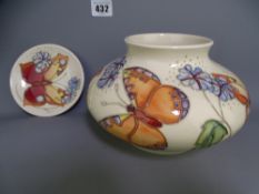 MOORCROFT 'BUTTERFLY' designed by Rachel Bishop, two items including an 18cms D squat vase, 12cms