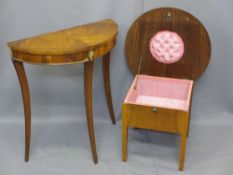 VINTAGE FURNITURE ITEMS X 2 including a half-moon hall table, 75cms H and 52cms diameter top