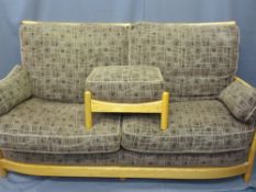 ERCOL RENAISSANCE LIGHT ELM THREE SEATER SETTEE with foot stool, 96cms H, 186cms W, 93cms D the