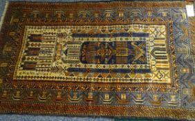 OLD BALUCHI CARPET - tonal red and blue ground, multi-patterned central panel on a cream ground, 141