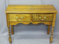 OAK TWO DRAWER SIDE TABLE on barley twist supports, 74cms H, 95cms W, 40cms D