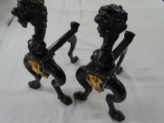 FIRE DOGS with dragon heads and copper motif