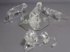 SWAROVSKI CRYSTAL BIG CAT ORNAMENTS x 4 including lion, 13cms L, standing lioness, 13.5cms L, jaguar