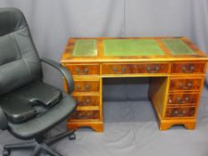 YEW WOOD REPRODUCTION PEDESTAL DESK, 74.5cms H, 122cms W, 60cms D and black leather effect office
