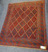 CAZAK RUG - red ground multi-bordered rug with multiple diamond central pattern, 130 x 110cms