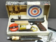 CROSMAN 1300 MEDALLIST AIR PISTOL, 0.22 calibre, boxed, a hunting knife and a multi-function