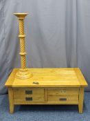 STYLISH MODERN OAK COFFEE TABLE and a lightwood twist jardiniere stand, various measurements