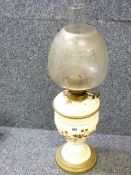 ANTIQUE OIL LAMP - blush china and brass with an etched glass shade