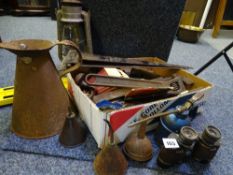 VINTAGE GARAGE ITEMS including conical oil cans also an old tilley lamp and military binoculars