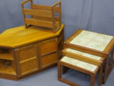 MID-CENTURY TEAK FURNITURE, a parcel to include a set of three tiled top coffee tables, magazine