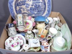 NORITAKE VASE, a Clarice Cliff preserve pot, Willow pattern meat platter and similar