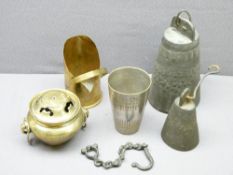 ORIENTAL BRASS CENSOR, treen ware, iron cattle bell marked 'Macedonia, January 1917' and a plated