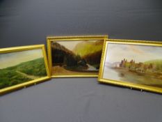 R CLARKE oil on board - heathland path with sheep grazing, 23.5 x 33cms and two further OILS ON