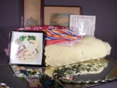 VICTORIAN TABLE TOP DISPLAY MIRRORS, various paintings and prints and a quantity of linen ETC