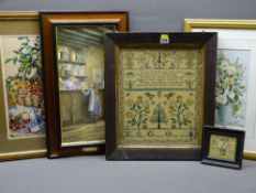 ANTIQUE SAMPLER - 'Ellen Stone Gratwick October 10th 1839' and an assortment of prints ETC