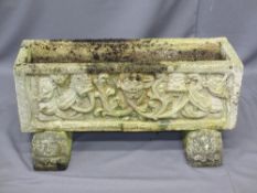 RECTANGULAR GARDEN TROUGH, reconstituted stone with gargoyle front and recumbent lion sit-on