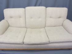 ERCOL LIGHT ELM THREE SEATER SETTEE, button upholstered in oatmeal fabric with curved arms, 70cms H,