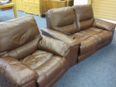 MODERN BROWN LEATHER EFFECT TWO PIECE LOUNGE SUITE, all electric reclining two seater settee and
