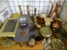 BRASS, COPPERWARE and similar items including biscuit barrel, candle holders, mantel clock, jam