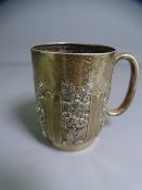 EMBOSSED SILVER CHRISTENING MUG, Sheffield 1901, Maker William Hutton & Sons Ltd, 3.9 troy ozs, 8.