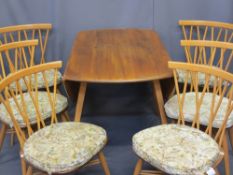 ERCOL MID-CENTURY DINING TABLE and six chairs, the table having mid-tone top, the chairs with