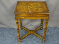 ANTIQUE INLAID WALNUT STYLE SIDE TABLE with lidded storage top, having a central floral inlaid panel