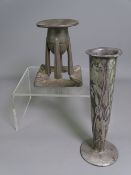 TUDRIC PEWTER CANDLESTICK & FLOWER VASE, designed by Archibald Knox for Liberty & Co, candlestick