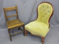SPOON BACK SALON & AN ANTIQUE OAK FARMHOUSE CHAIR, the former Victorian mahogany with button