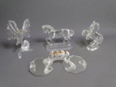 SWAROVSKI CRYSTAL ORNAMENTS x 4 including a prancing horse on frosted plinth, a rearing horse (