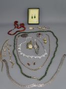 9CT GOLD, JADITE, SILVER and other jewellery including a Ritz marcasite set cocktail watch and one