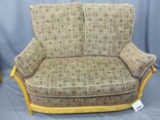 ERCOL RENAISSANCE LIGHT ELM TWO SEATER SETTEE, 94cms H, 127cms W, 85cms max D