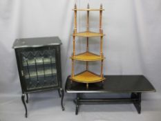 EDWARDIAN EBONIZED DISPLAY CABINET and two items of modern furniture including a priory style Long-