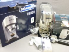 DELONGHI DEDICA COFFEE MACHINE with box and associated items and a Logik milk frother E/T