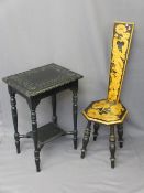SATINWOOD & EBONIZED SPINNERS CHAIR with a carved ebonized table, various measurements