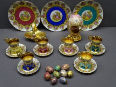 CONTINENTAL CABINET WARE, Faberge style eggs, Adler and cups and saucers