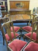 EARLY 20TH CENTURY MAHOGANY DINING SUITE of mirror-back sideboard, 165cms H, 167cms W, 60cms max