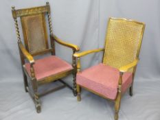 VINTAGE ARMCHAIRS with cane work backs x 2 including an oak barley twist example with carved top