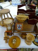 TREEN ITEMS - book rack, foot stool, egg timer ETC