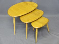 ERCOL LIGHT ELM PEBBLE TABLES, set of three, 39cms H, 65cms W, 44cms D the largest
