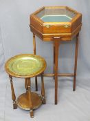 BIJOUTERIE DISPLAY TABLE and a circular brass top table, 84 and 47.5cm heights respectively