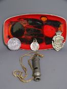 MIXED COLLECTABLES - a quantity to include a large silver fob, two jewellery fashioned coins, a