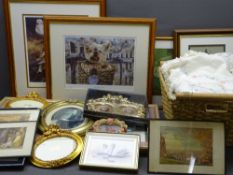 WICKER BASKET CONTAINING VINTAGE LINEN and a parcel of paintings and prints ETC