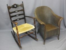LLOYD LOOM ARMCHAIR and a rush seated rocker, 84cms H, 66cms W, 42.5cms seat depth, 96cms H, 58cms