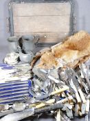 QUANTITY OF CASED & LOOSE FLATWARE, vintage wooden tray, a fox fur and a quantity of pewter