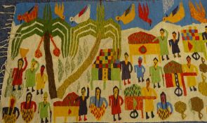 PICTORIAL WOOL KILIM - colourful depictions of various trades peoples and birds, 166 x 92cms