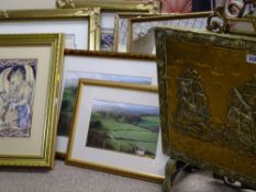 BRASS FIRESCREEN MARITIME SCENE and gilt framed mirrors, prints ETC