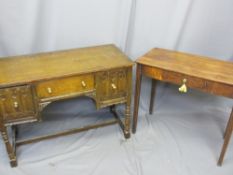 ANTIQUE MAHOGANY SIDE TABLE and a priory style sideboard, 74 and 76cm heights
